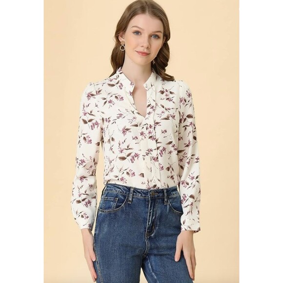 New Allegra K Women's Floral Print V Neck Office Long Sleeve Blouse, S - Picture 2 of 5